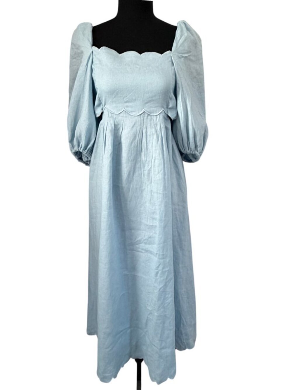 MABLE Scalloped Blue Linen Midi Dress Puff Sleeves Small